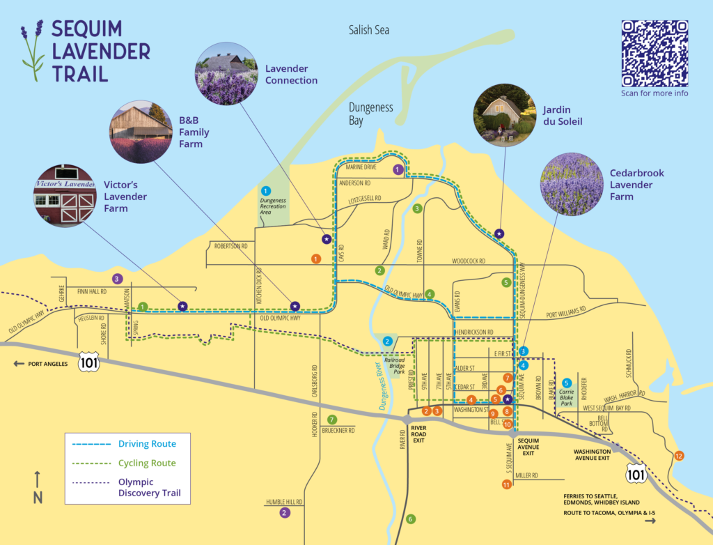 map of Sequim showing 5 farms along the Sequim Lavender Trail
